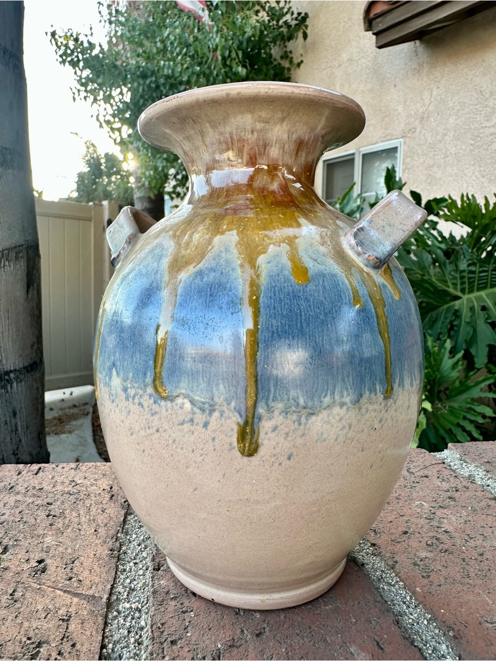 Vintage Italian Art Pottery Vase Blue Amber Drip Glaze Double Handle